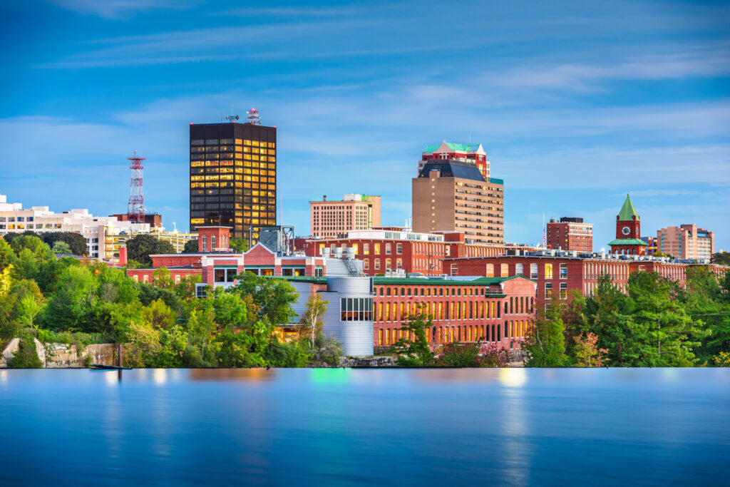 Merrimack River at dusk in Manchester, New Hampshire