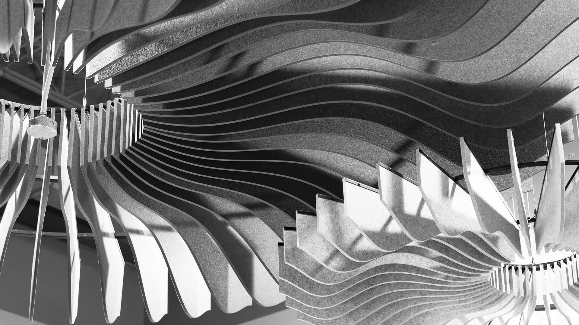 An acoustical drop ceiling in a grid pattern.
