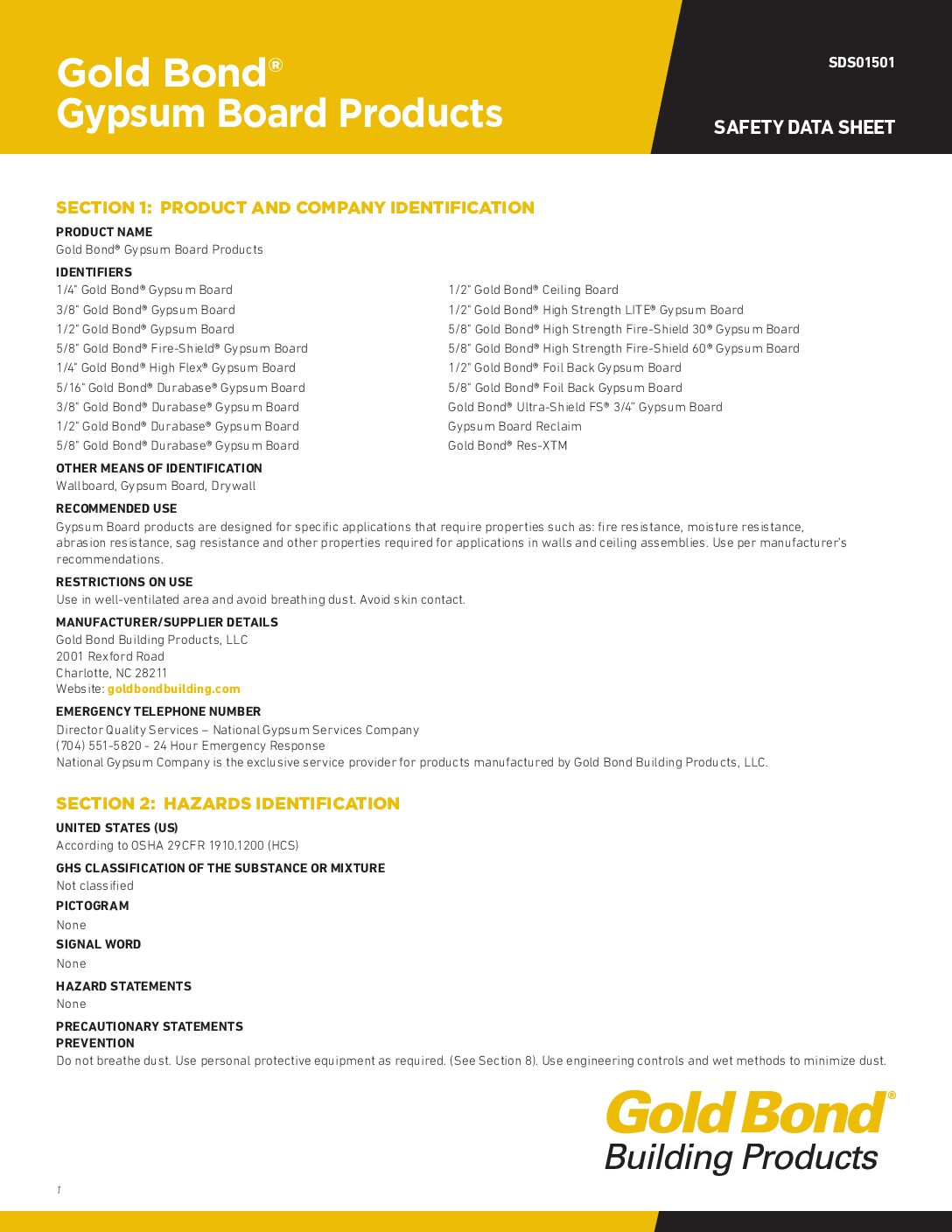 Gold Bond Gypsum Board Safety Data Sheet - Document Screen Grab