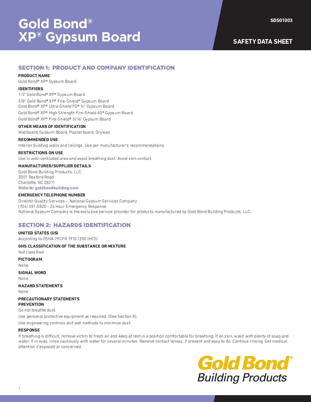 Gold Bond XP Safety Data Sheet - Document Screen Grab