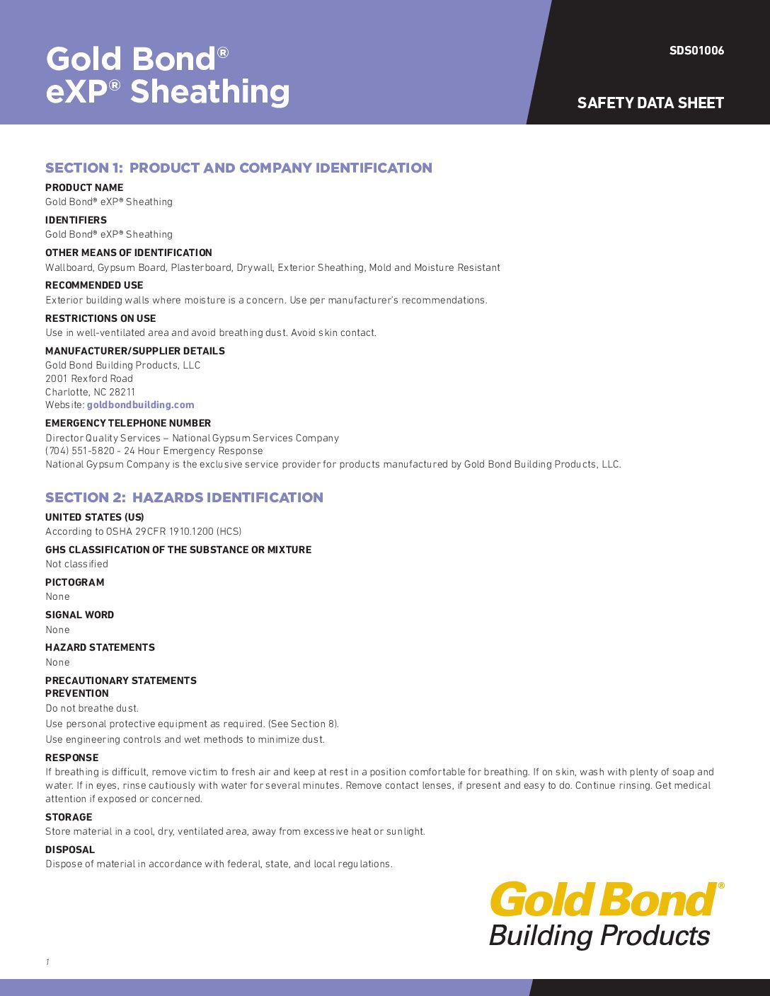 Gold Bond eXP Sheathing Safety Data Sheet - Document Screen Grab