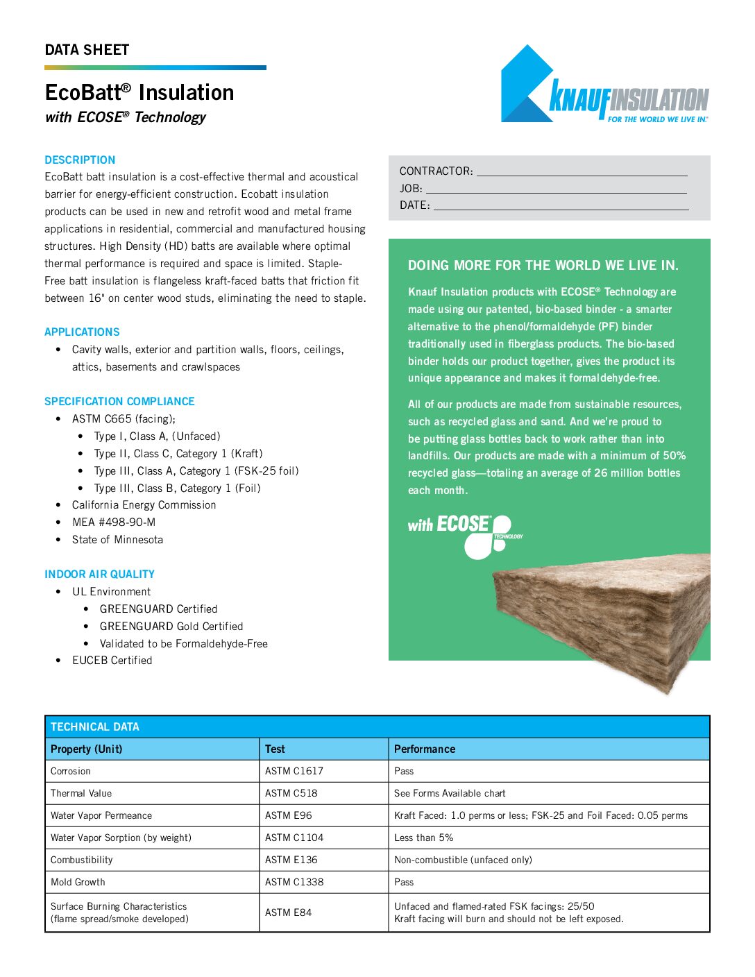 Knauf EcoBatt® Data Sheet - Document Screen Grab